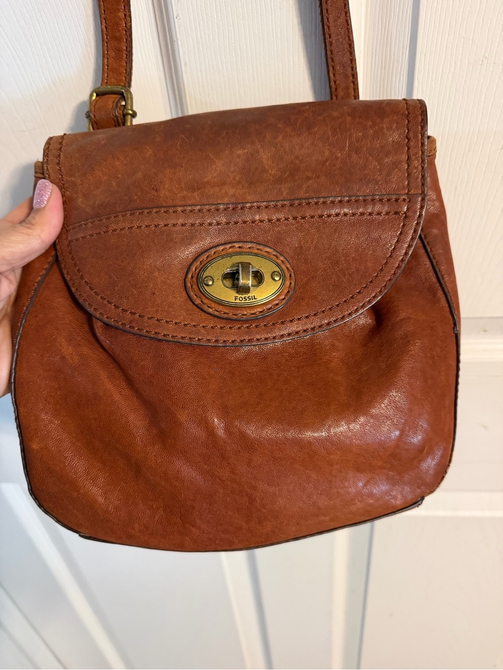 Fossil Cognac Brown Leather Crossbody Bag with Turn-Lock